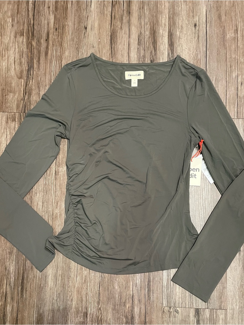 Open Edit Green Long-Sleeve Ruched Side Top